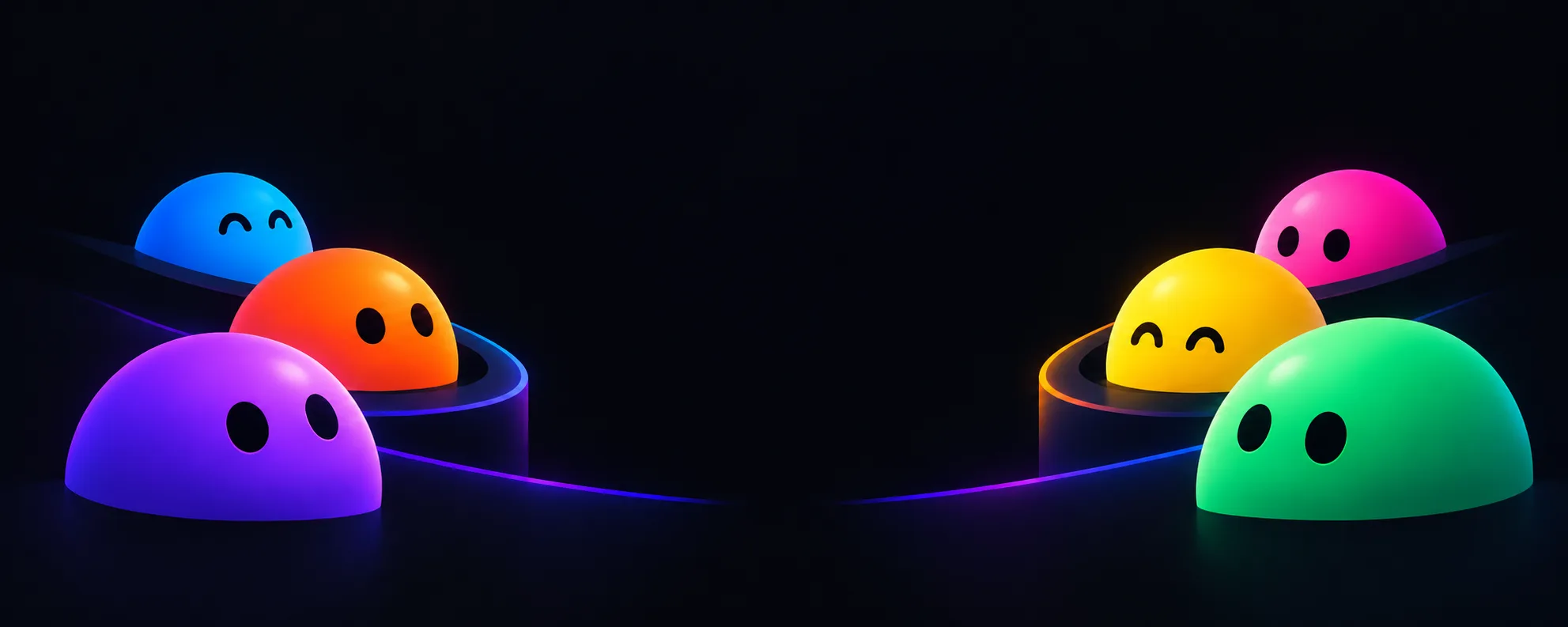 Six glowing dots waiting at both edges of a dark arena